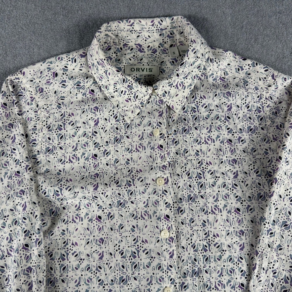 Orvis 100% Silk Small Button Up Blouse Water Color White Purple